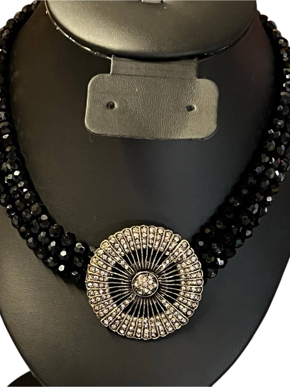 HEIDI DAUS Black Necklace with Swarovski Crystal Belgian Disc Medallion Signed